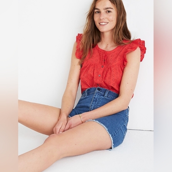 🍒 Madewell Red Eyelet Ruffle-Sleeve Bib Top . Size XXS - Picture 16 of 16